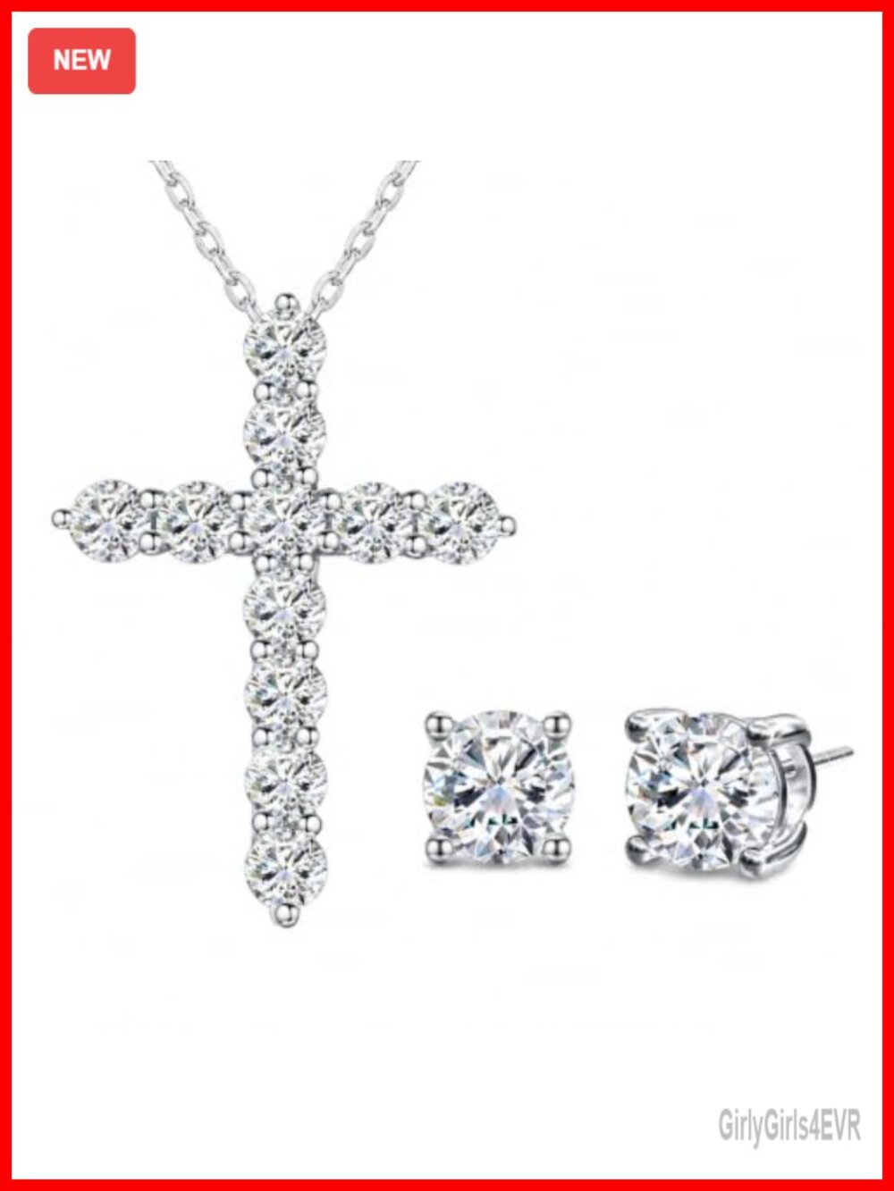Moissanite Stud Earrings & Cross Necklace Set Sterling Silver 18K White Gold